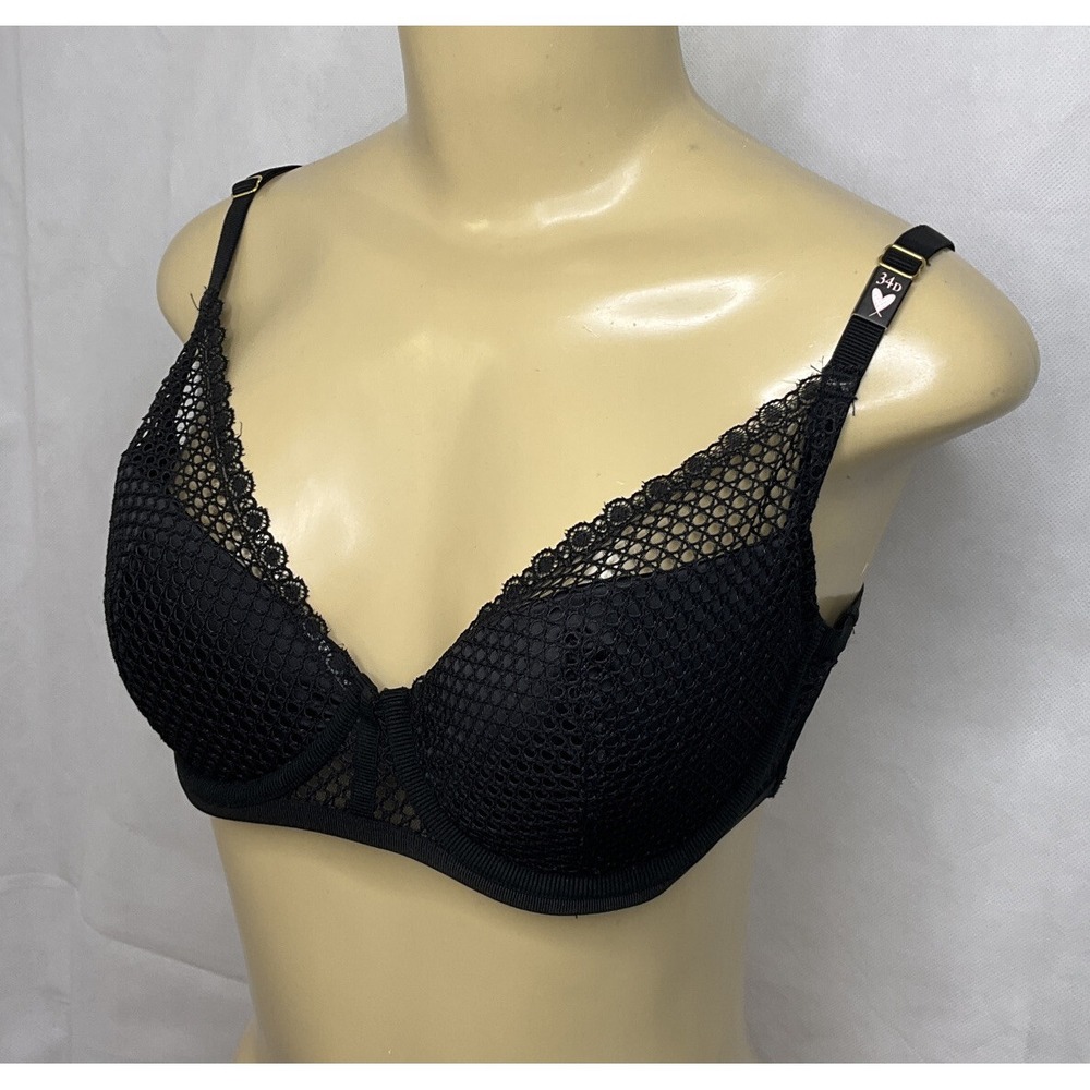 Victorias Secret Plunge Underwire Bra Womens 34D Black Lightly Padded Lace‎ NWT